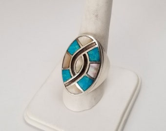 Southwest Statement Ring, Turquoise Abalone Inlay Ring, Vintage Sterling Turquoise Inlay Ring, Unisex Ring, men's ring size 9US