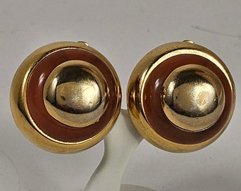 Lanvin Paris Enamel Gold Tone Round Clip Earrings Signed Vintage