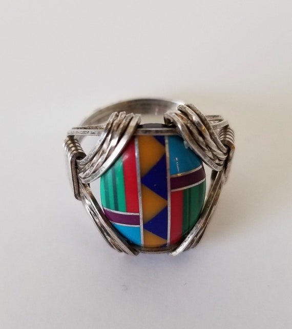 Southwest Inlay Silver Ring, Multicolor Inlay Sil… - image 2