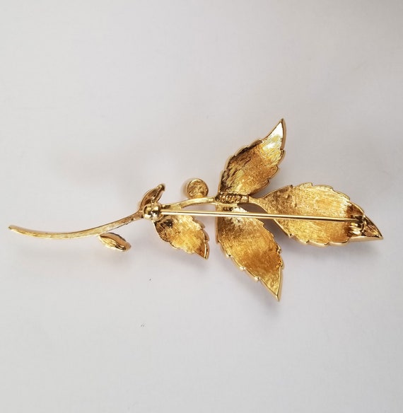 Jomaz long rhinestone brooch, gold rhinestone flo… - image 5