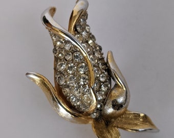 Kenneth Jay Lane KJL Floral Rhinestone Brooch, Vintage KJL Gold Tone Brooch, KJL Rhinestone Floral Brooch, Circa 1960, Signed