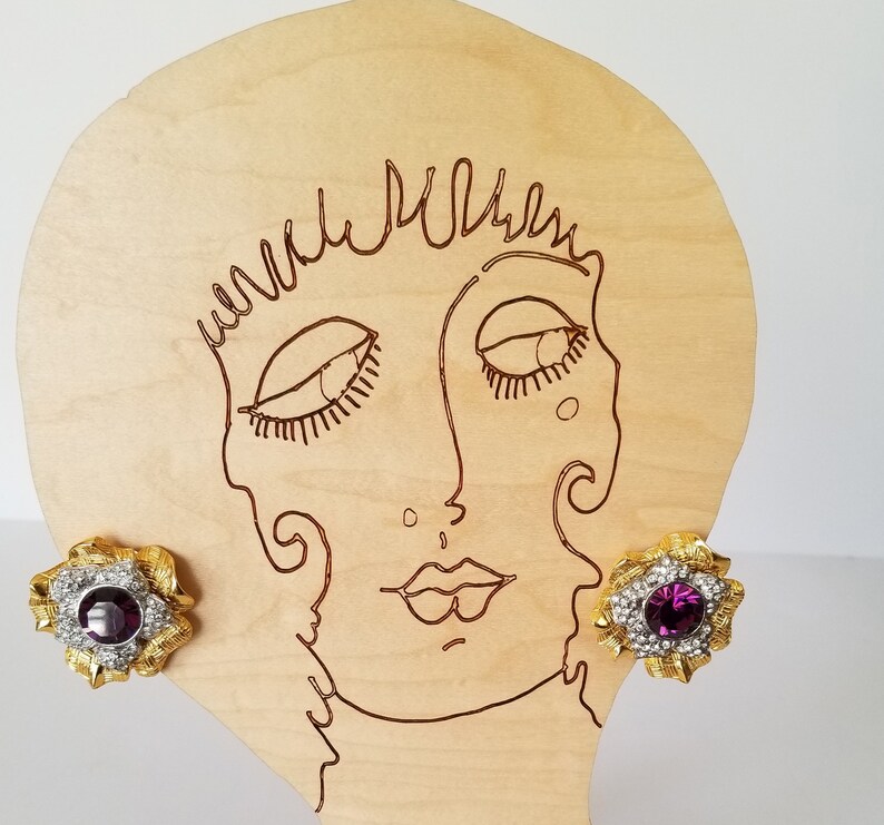Rhinestone Pendant Earrings Set Amethyst Rhinestone Floral Earrings Pendant Gold Tone Rhinestone Clip Earrings