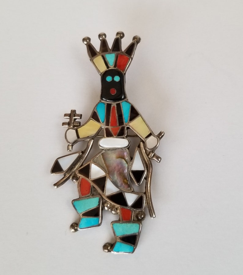 Southwest Inlay Figural Brooch Zuni Linette Laiwakete Inlay Kachina Figural Brooch Southwest Inlay Large Brooch Signed