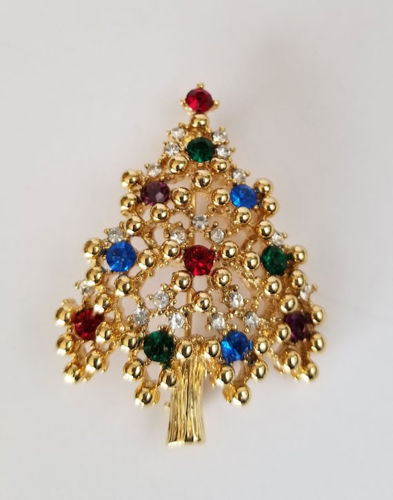 Christmas Tree Brooch, Vintage Eisenberg Gold Tone