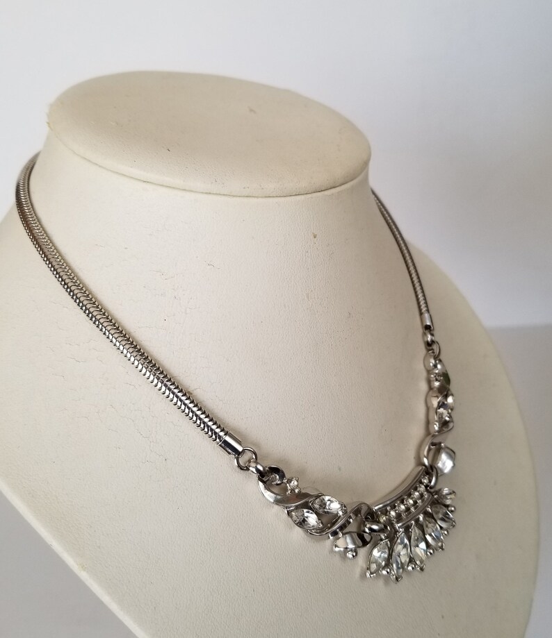 Trifari Coronet Necklace Trifari Silver Tone Snake Chain Necklace Trifari Silver Tone Rhinestone Necklace Circa 1950