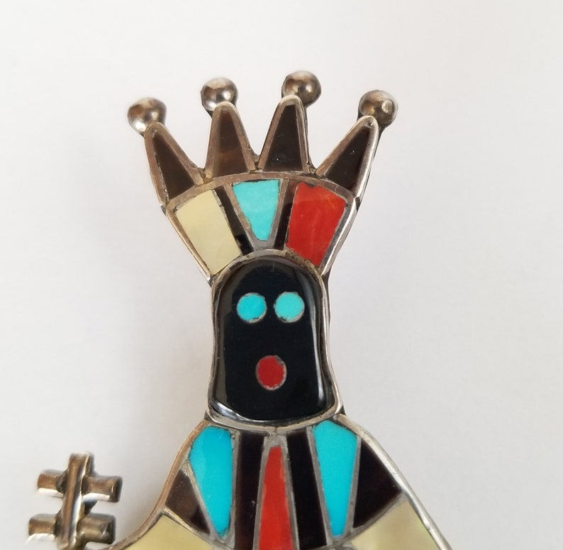 Southwest Inlay Figural Brooch Zuni Linette Laiwakete Inlay Kachina Figural Brooch Southwest Inlay Large Brooch Signed