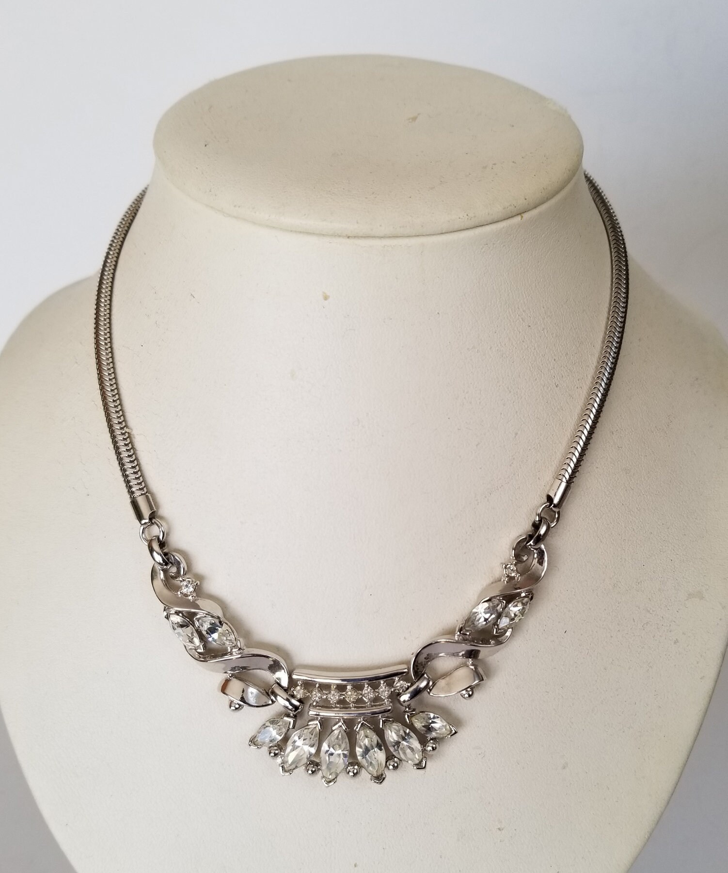Trifari Coronet Necklace Trifari Silver Tone Snake Chain Necklace Trifari Silver Tone Rhinestone Necklace Circa 1950