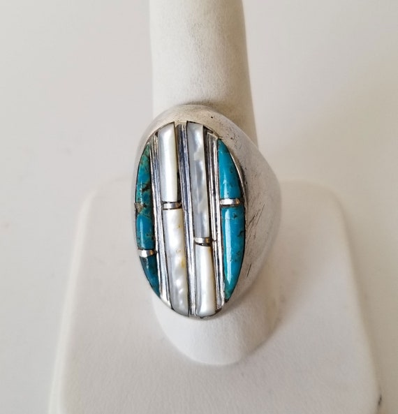 Turquoise Mother of Pearl Mens Ring, Southwest Si… - image 2