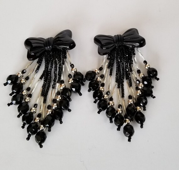 Vintage Nightingale Dangle Clip Earrings, Black an