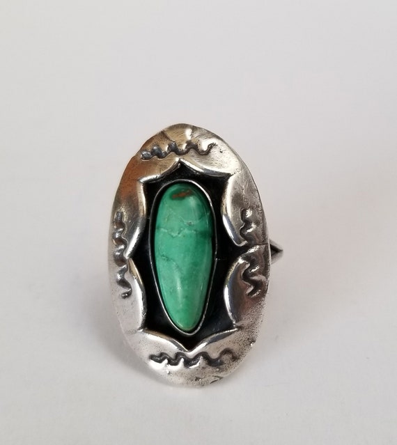 Turquoise Ring, deep set green turquoise large ova