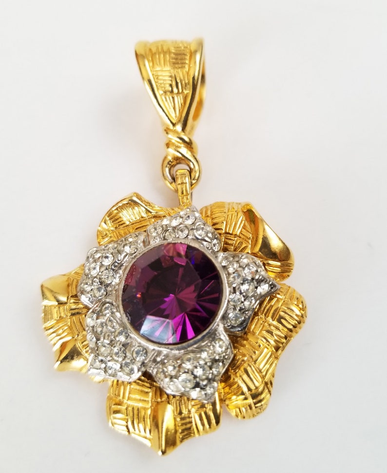 Rhinestone Pendant Earrings Set Amethyst Rhinestone Floral Earrings Pendant Gold Tone Rhinestone Clip Earrings
