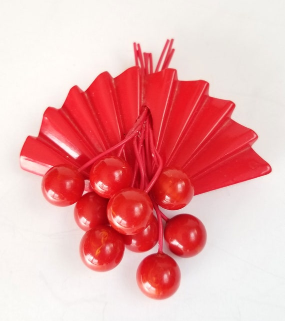 Bakelite Cherry Brooch, Vintage Large Carved Bakel