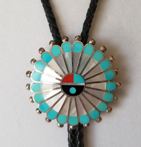 Zuni Sterling Leather Bolo Tie, Zuni Sunface Bolo