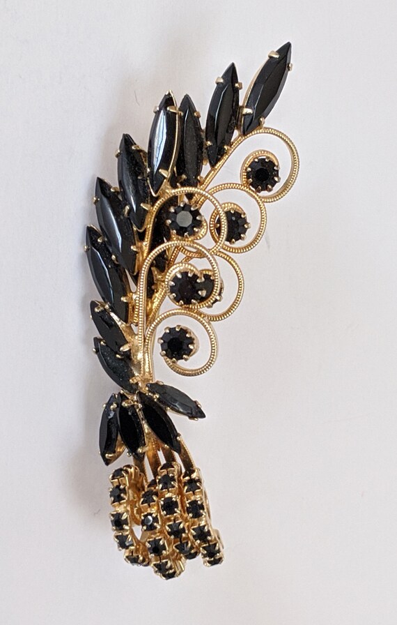 Hattie Carnegie Black Rhinestone Feather Brooch, H