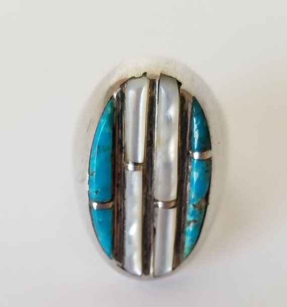 Turquoise Mother of Pearl Mens Ring, Southwest Si… - image 1