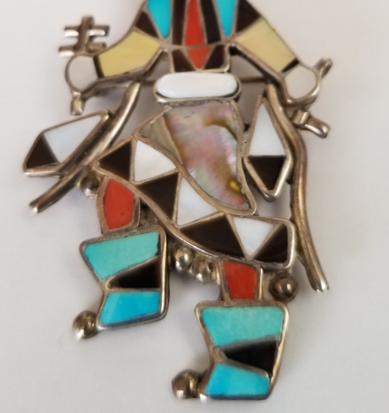 Southwest Inlay Figural Brooch Zuni Linette Laiwakete Inlay Kachina Figural Brooch Southwest Inlay Large Brooch Signed
