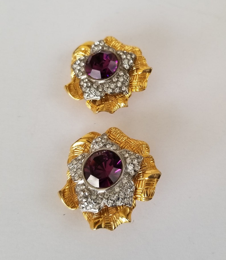 Rhinestone Pendant Earrings Set Amethyst Rhinestone Floral Earrings Pendant Gold Tone Rhinestone Clip Earrings