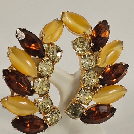 Brown and Beige Oversized Rhinestone Ear Clips ca 1940