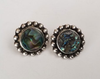 Sterling Abalone Pierced Earrings,Vintage Round Mother-of-Pearl and Silver earrings, hallmarked and signed