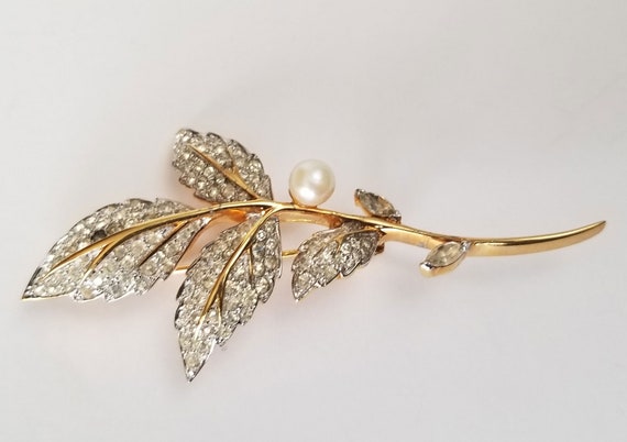 Jomaz long rhinestone brooch, gold rhinestone floral sprig brooch, large floral brooch pave crystal brooch