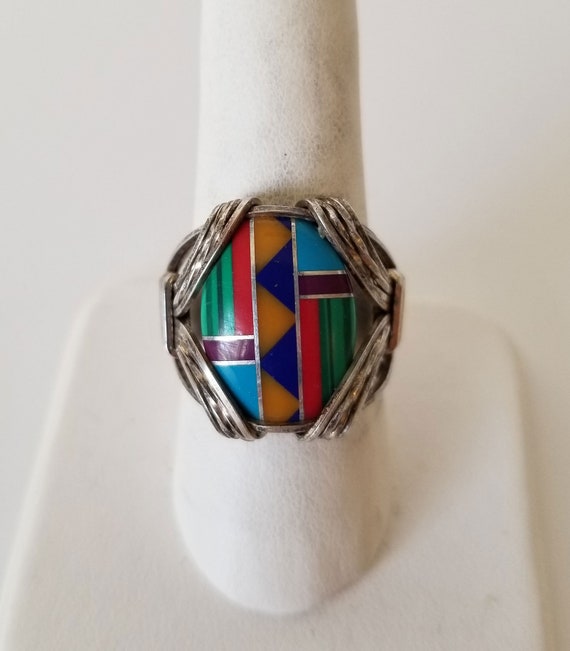 Southwest Inlay Silver Ring, Multicolor Inlay Sil… - image 3