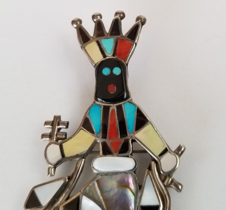 Southwest Inlay Figural Brooch Zuni Linette Laiwakete Inlay Kachina Figural Brooch Southwest Inlay Large Brooch Signed