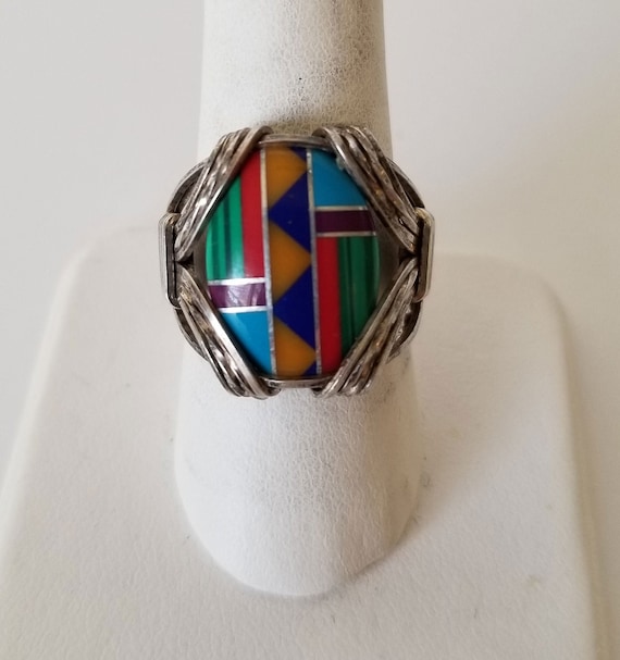 Southwest Inlay Silver Ring, Multicolor Inlay Sil… - image 1