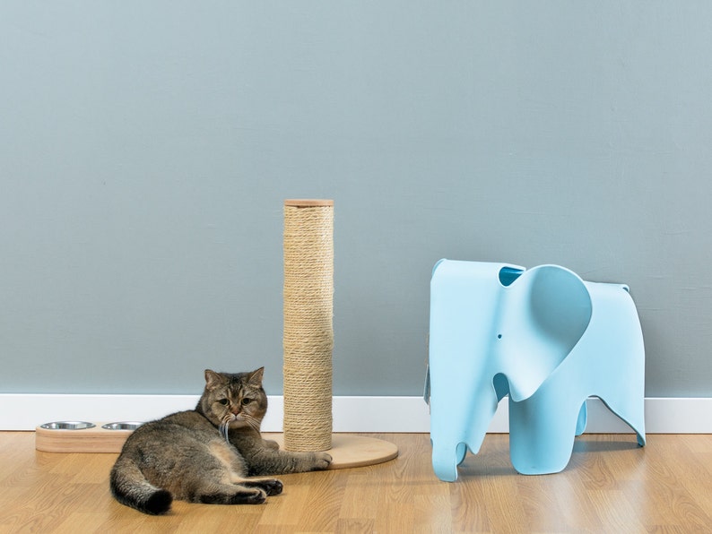 May include: A brown tabby cat lies on a wooden floor next to a scratching post and a blue elephant-shaped stool.