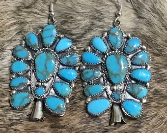 Native America Indian Jewelry Navajo Squash Blossom Earrings Sterling Silver Kingman Turquoise Zuni Petit Point Dangle Earrings Southwestern