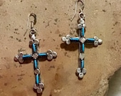 Authentic Native American Indian Jewelry Zuni Sterling Silver Turquoise Petit Point Cross Earrings Needlepoint Southwestern Jewelry