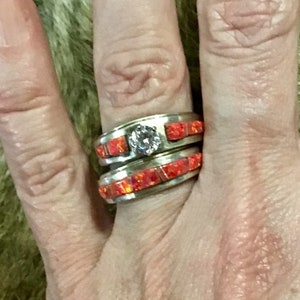 SIGNED Native America Indian Jewelry Sterling Silver Turquoise Fire Red Opal Wedding Engagement Ring Southwestern Handcrafted Handmade