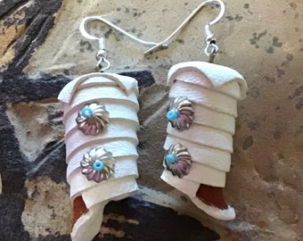 Native America Indian Jewelry Navajo Zuni Hopi Sterling Silver Beaded Leather Wrapped Moccasin Earrings Southwestern Jewelry Peyote Stitch