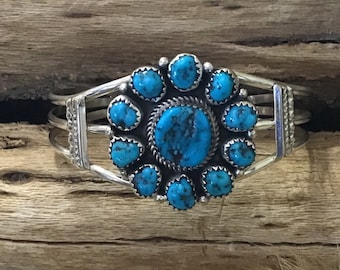 SIGNED VINTAGE Native America Indian Jewelry Navajo Bracelet Cuff Zuni Sterling Silver RARE Sleeping Beauty Turquoise Southwestern