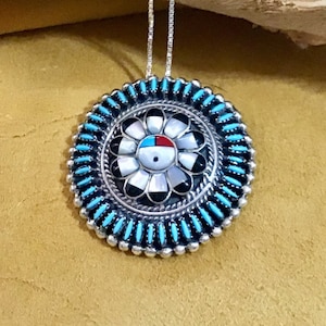 Vintage Native American Indian Jewelry Zuni Sun Face Deity Sterling Silver Turquoise Sun Face Necklace Pendant Southwestern Native America