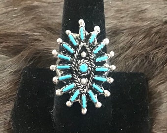 Vintage Native America Indian Jewelry Navajo Zuni Petit Point Sterling Silver Sleeping Beauty Turquoise Ring Southwestern Needlepoint