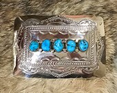 SIGNED Authentic Vintage Native America Indian Navajo Zuni Sterling Silver RARE Sleeping Beauty Turquoise Belt Buckle Southwestern