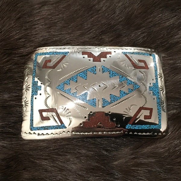 SIGNED Authentic Vintage Native American Indian Navajo Zuni RARE Sleeping Beauty Turquoise Navajo Symbols Belt Buckle Southwestern