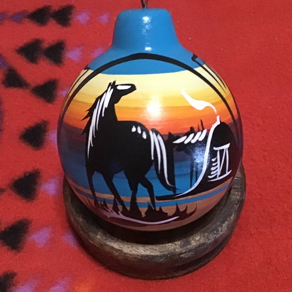 SIGNED Authentic Native American Indian Navajo Hand Painted Pottery Christmas Ornament Horses Southwestern Navajo Sacred Symbols