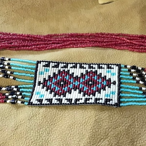 Native America Indian Jewelry Zuni Hopi Sterling Silver Navajo Beaded Rug Necklace Southwestern Jewelry Handcrafted Petit Point Turquoise