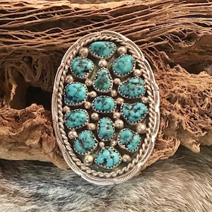 SIGNED Vintage Native America Indian Jewelry Navajo Zuni Petit Point Sterling Silver Turquoise Ring Southwestern Jewelry Needlepoint