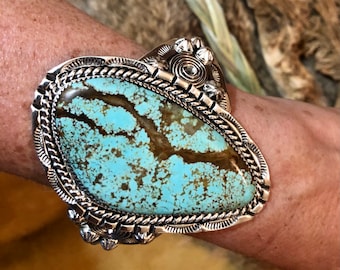 SIGNED Vintage Authentic Native America Indian Jewelry Sterling Silver RARE #8 Turquoise Navajo Cuff Bracelet Southwestern