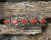SIGNED Vintage Native America Indian Jewelry Navajo Bracelet Cuff Zuni Sterling Silver Red Coral Petit Point Southwest Native American Art