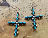 Authentic Native American Indian Jewelry Zuni Sterling Silver Turquoise Petit Point Cross Earrings Needlepoint Southwestern Jewelry