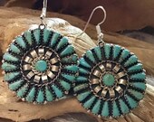 SIGNED Native America Indian Jewelry Navajo Earrings Zuni Sterling Silver Kingman Turquoise Petit Point Southwestern Jewelry Needlepoint