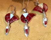 SIGNED Native America Indian Jewelry Navajo Zuni Fetish Bear Feather Sterling Silver Red Coral Ice Opal Earrings Pendant Southwest Jewelry