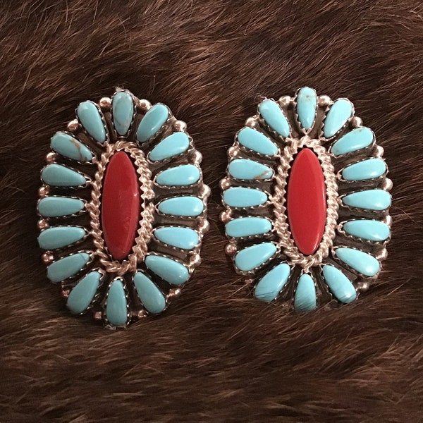 SIGNED Native American Indian Jewelry Navajo Sterling Silver Red Coral Zuni  Petit Point Needlepoint Earrings Southwestern