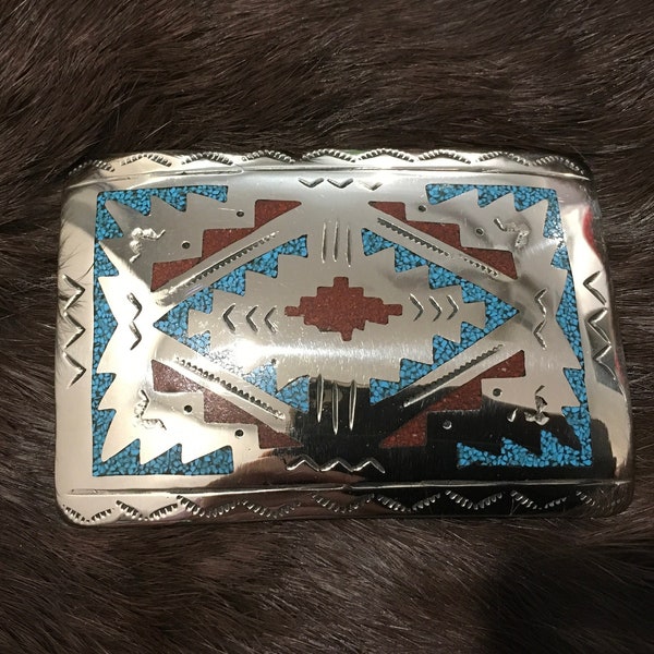 SIGNED Authentic Vintage Native American Indian Navajo Zuni RARE Sleeping Beauty Turquoise Navajo Symbols Belt Buckle Southwestern