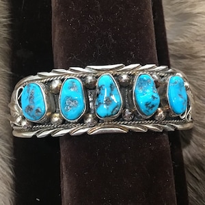 SIGNED Vintage Native America Indian Jewelry Navajo Bracelet Cuff Zuni Sterling Silver Sleeping Beauty Turquoise Bracelet Cuff Southwestern