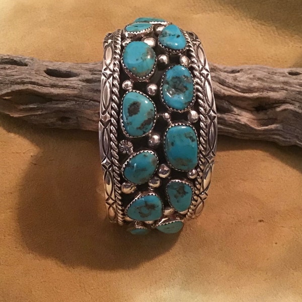 SIGNED Authentic Vintage Native America Indian Jewelry Navajo Bracelet Cuff Sterling Sleeping Beauty Turquoise Inlay Southwestern