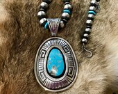 SIGNED Vintage Authentic Native America Indian Jewelry Navajo Zuni Tribe Sterling Silver Necklace Southwestern Turquoise